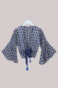 Sylvia Recycled Sari Wrap Top in Oat & Forget-Me-Not Blue - Size XS