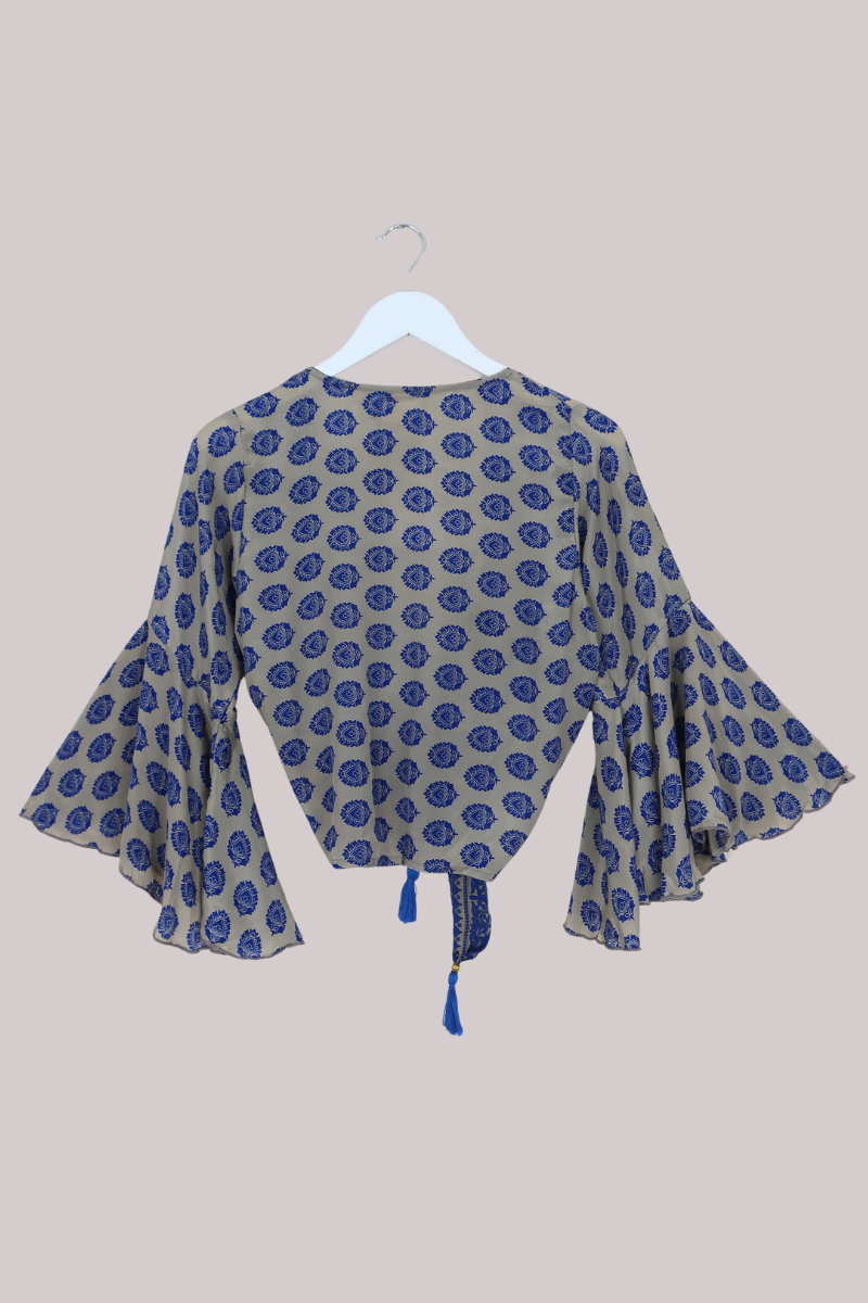 Sylvia Recycled Sari Wrap Top in Oat & Forget-Me-Not Blue - Size XS