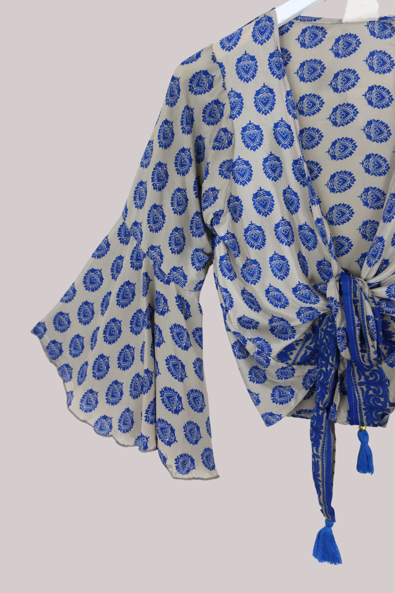 Sylvia Recycled Sari Wrap Top in Oat & Forget-Me-Not Blue - Size XS