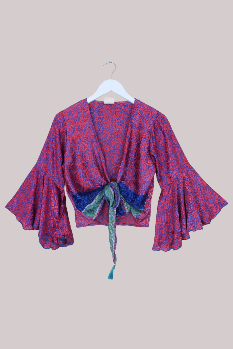 Sylvia Recycled Sari Wrap Top in Vibrant Magenta Florals - Size S/M