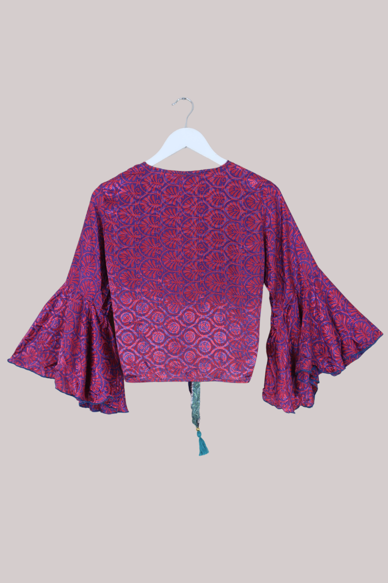 Sylvia Recycled Sari Wrap Top in Vibrant Magenta Florals - Size S/M