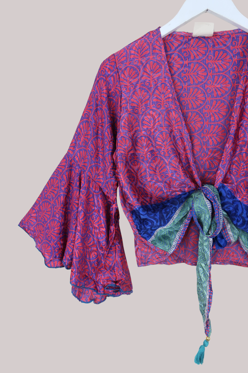 Sylvia Recycled Sari Wrap Top in Vibrant Magenta Florals - Size S/M
