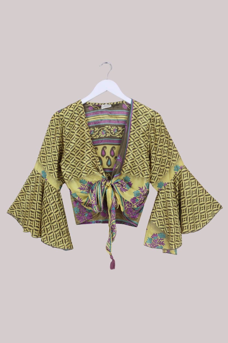 Sylvia Recycled Sari Wrap Top in Lemon Lavender Paisley - Size S/M