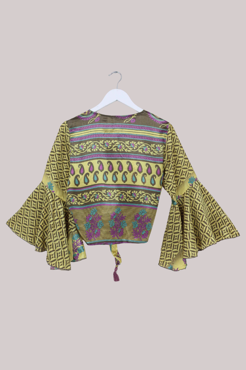 Sylvia Recycled Sari Wrap Top in Lemon Lavender Paisley - Size S/M