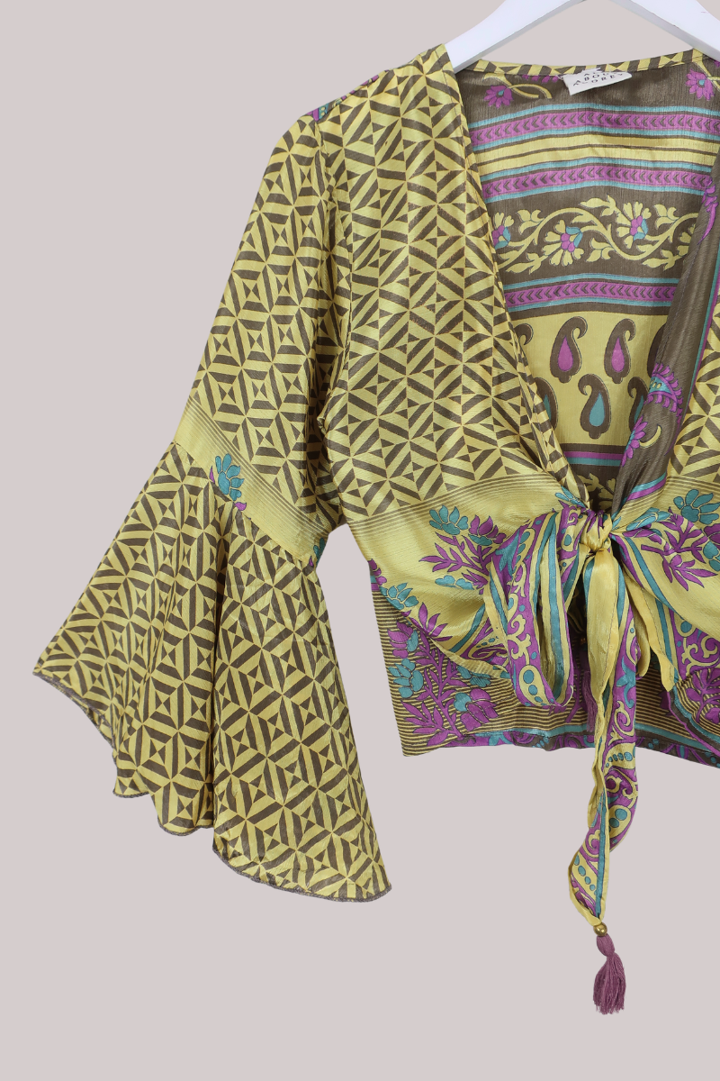 Sylvia Recycled Sari Wrap Top in Lemon Lavender Paisley - Size S/M
