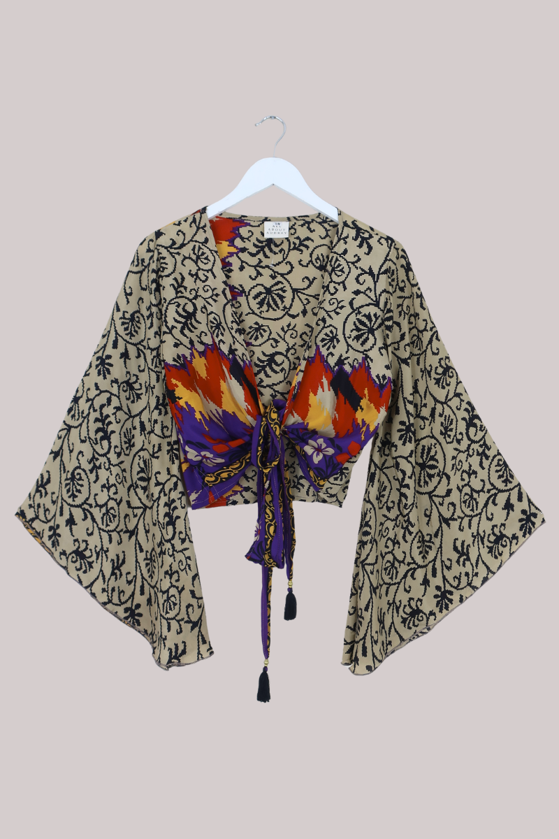 Gemini Recycled Sari Wrap Top in Abstract Climbing Vines - Size M/L