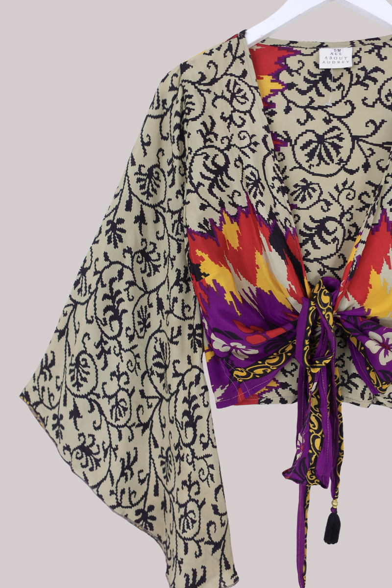 Gemini Recycled Sari Wrap Top in Abstract Climbing Vines - Size S/M