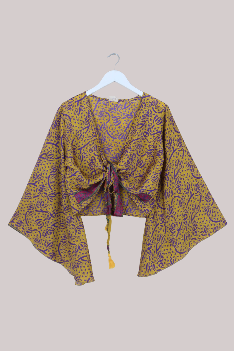 Gemini Recycled Sari Wrap Top in Abstract Daffodil & Lavender - Size M/L