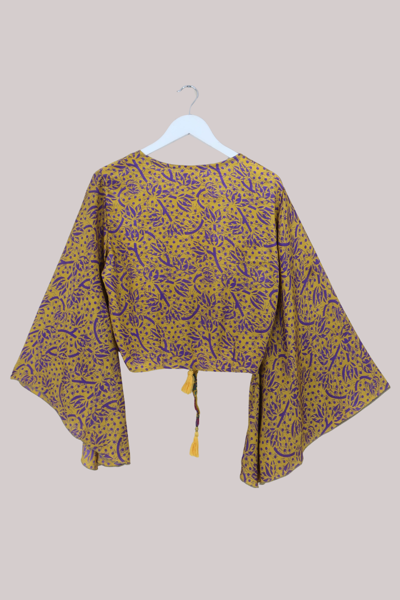 Gemini Recycled Sari Wrap Top in Abstract Daffodil & Lavender - Size M/L