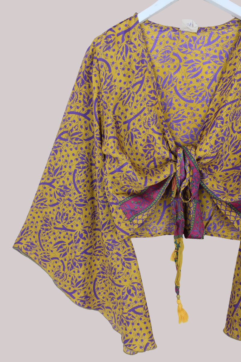 Gemini Recycled Sari Wrap Top in Abstract Daffodil & Lavender - Size M/L