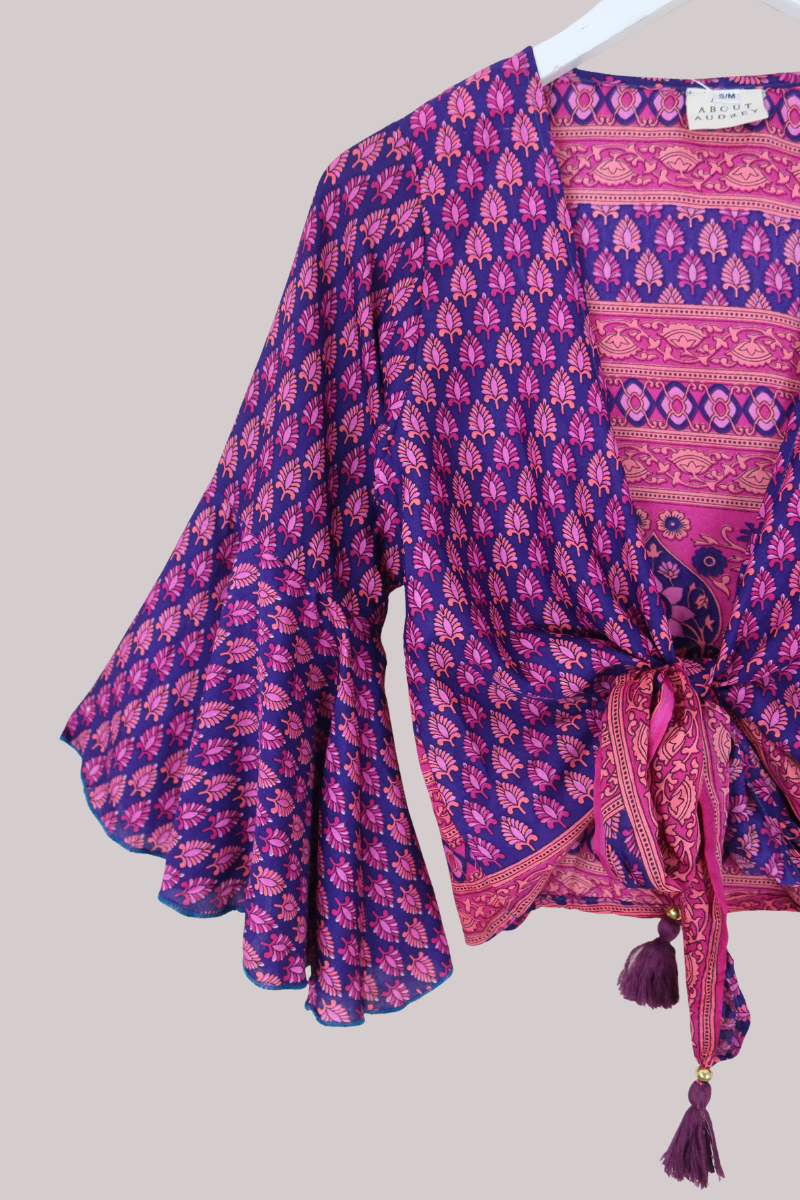 Sylvia Recycled Sari Wrap Top in Deep Magenta Sangria - Size XS