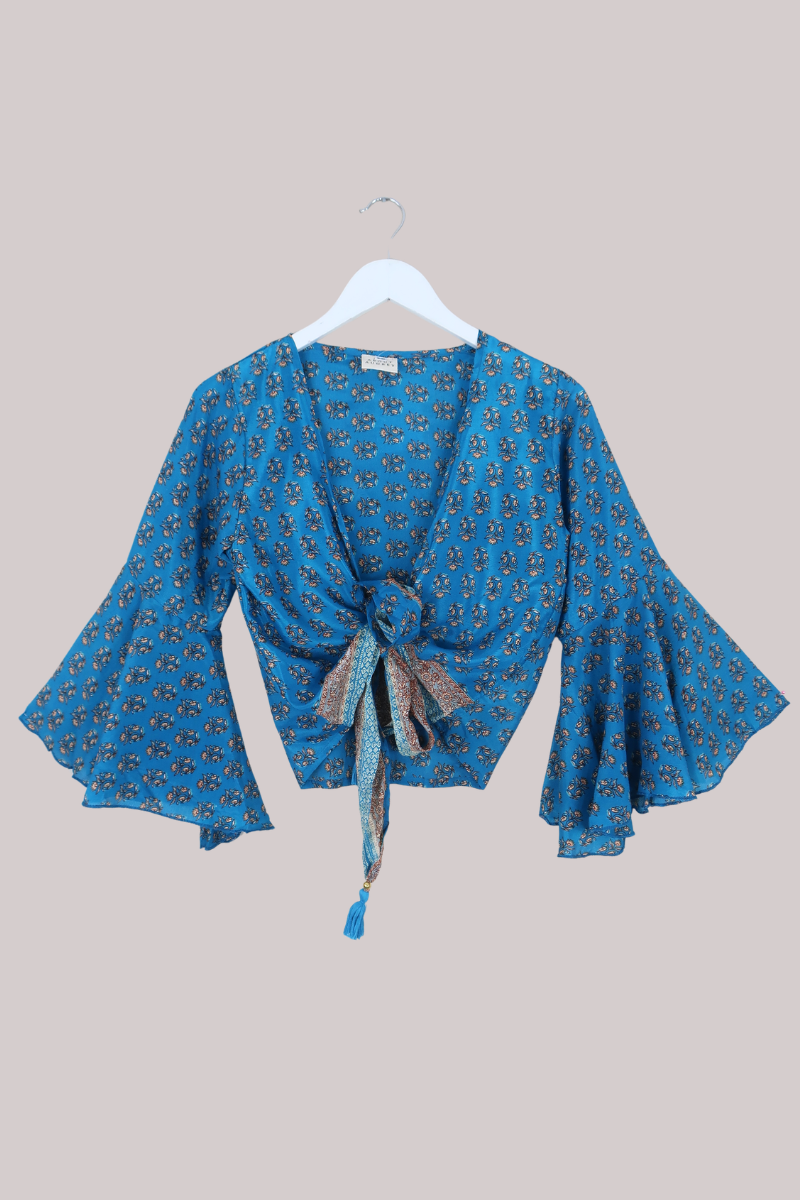 Sylvia Recycled Sari Wrap Top in Turquoise & Sand Wildflowers - Size XS
