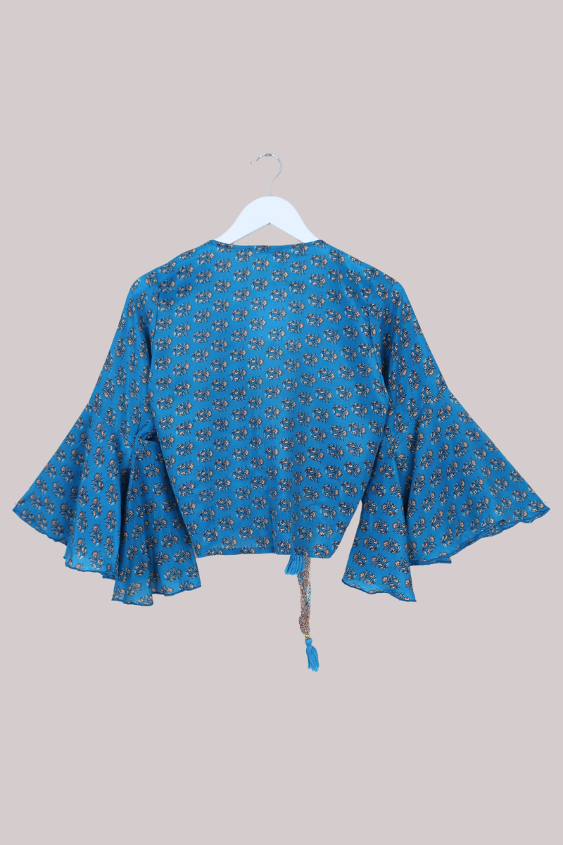 Sylvia Recycled Sari Wrap Top in Turquoise & Sand Wildflowers - Size XS