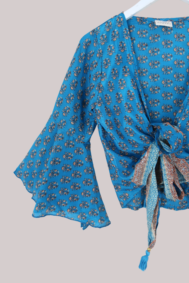 Sylvia Recycled Sari Wrap Top in Turquoise & Sand Wildflowers - Size XS