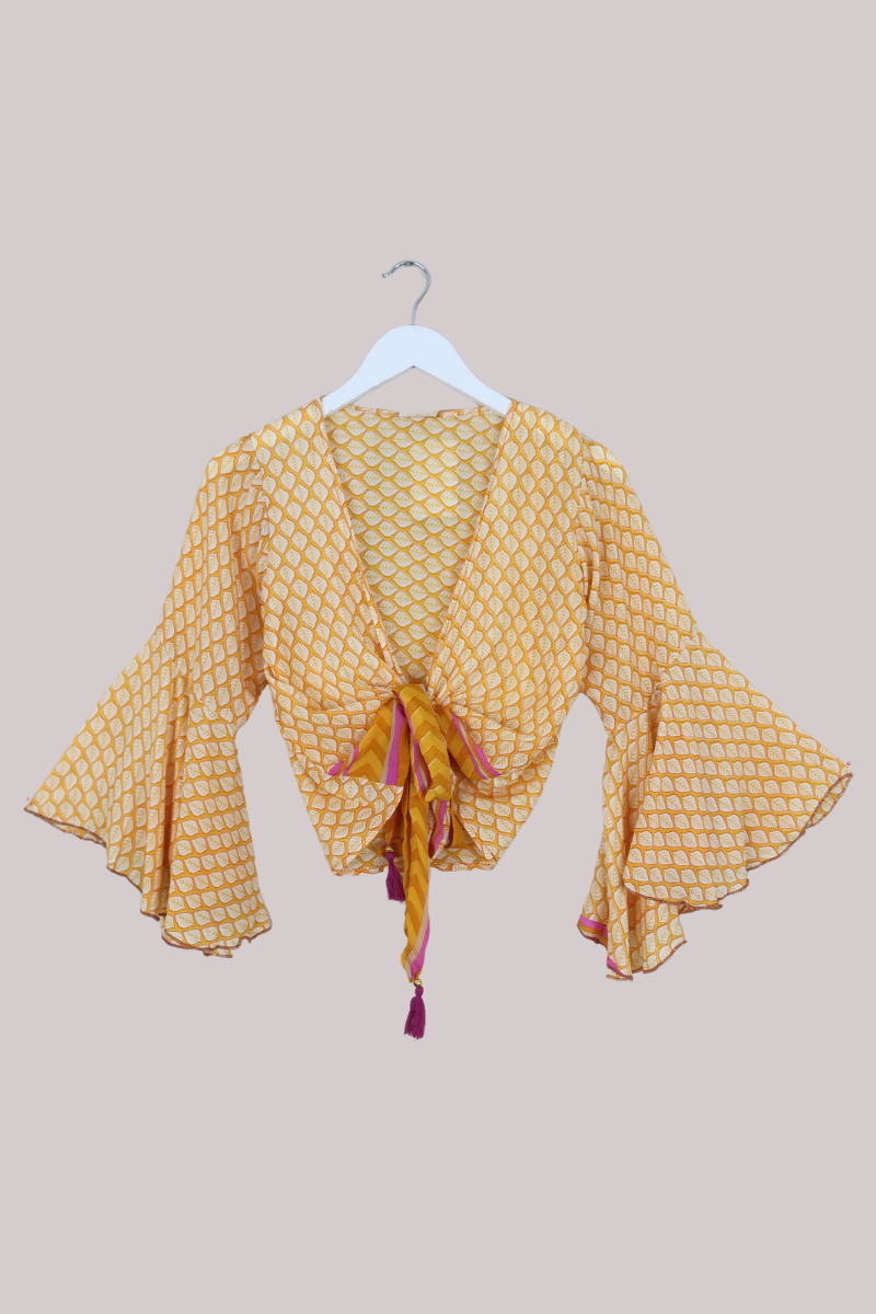 Sylvia Recycled Sari Wrap Top in Sunflower Yellow Leaf - Size XS