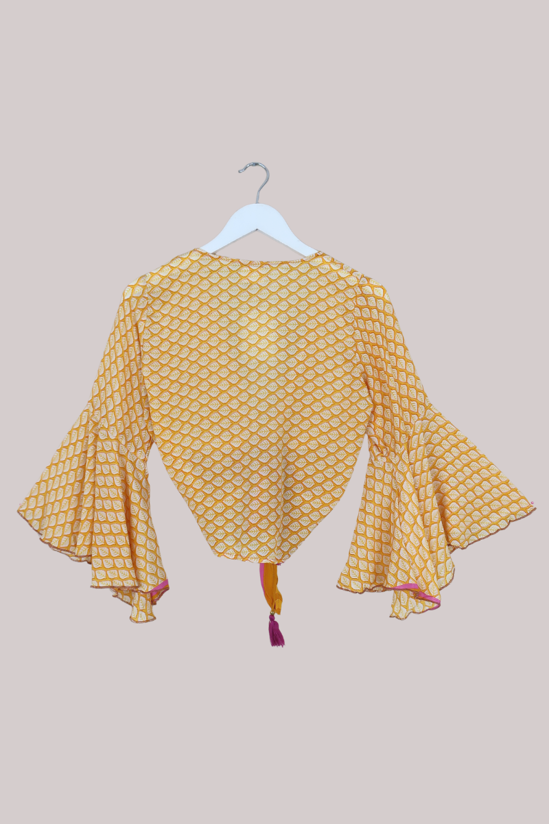 Sylvia Recycled Sari Wrap Top in Sunflower Yellow Leaf - Size XS