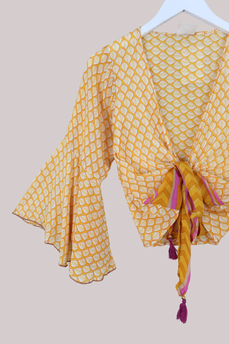 Sylvia Recycled Sari Wrap Top in Sunflower Yellow Leaf - Size XS
