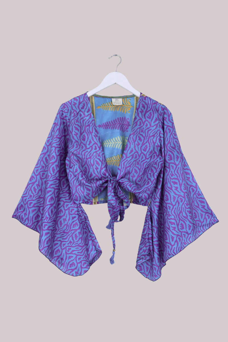 Gemini Recycled Sari Wrap Top in Aphrodite Crystal Blue - Size S/M