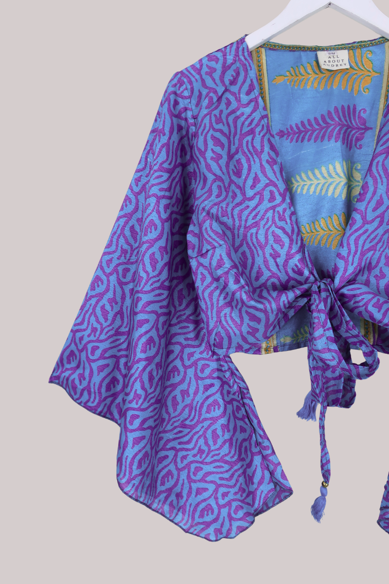 Gemini Recycled Sari Wrap Top in Aphrodite Crystal Blue - Size S/M