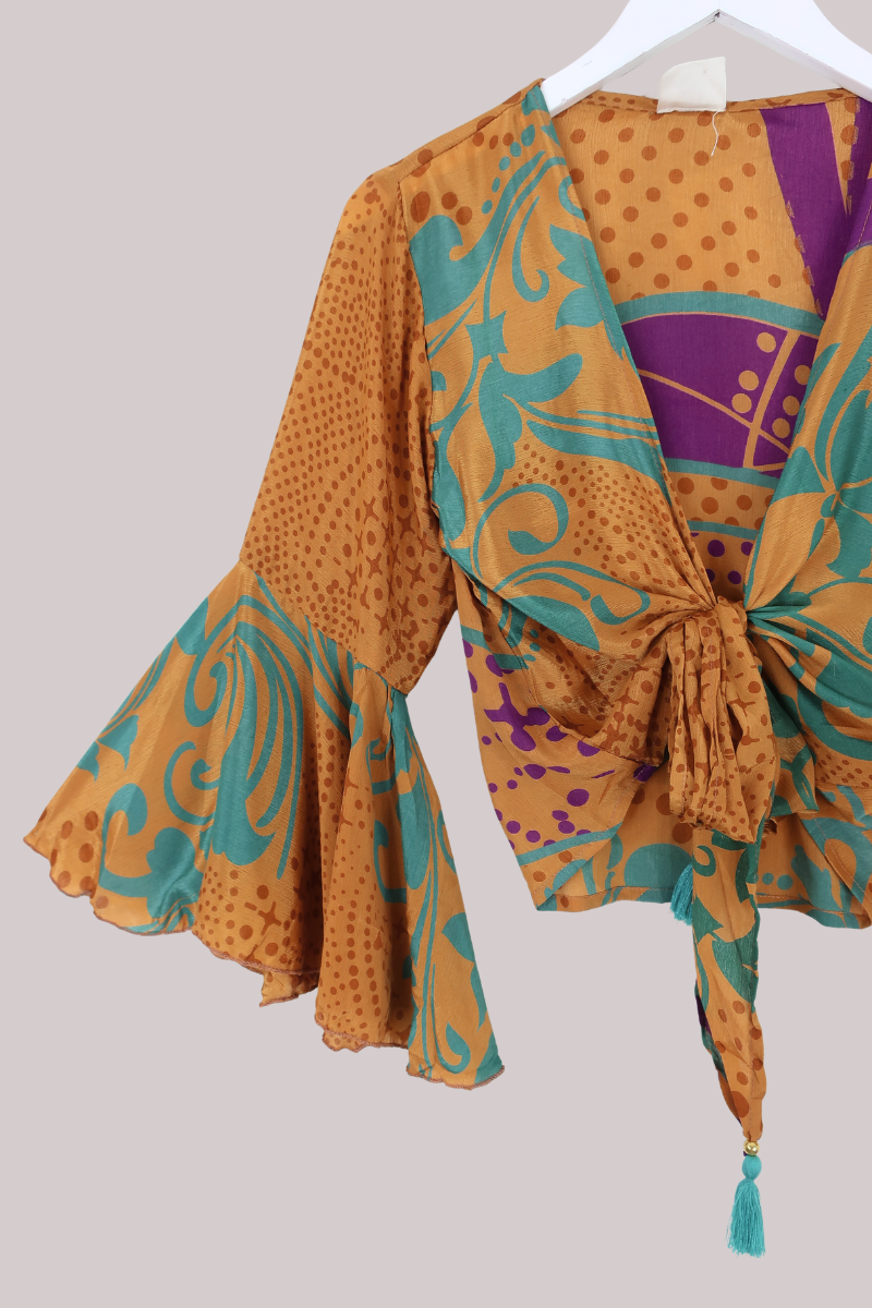 Sylvia Recycled Sari Wrap Top in Topaz & Amethyst - Size M/L