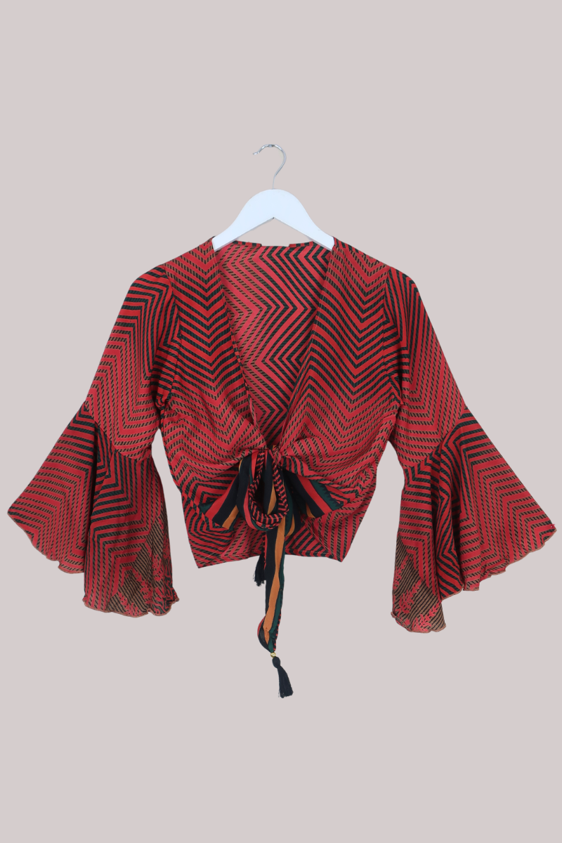 Sylvia Recycled Sari Wrap Top in Bright Ruby Zigzag - Size XS