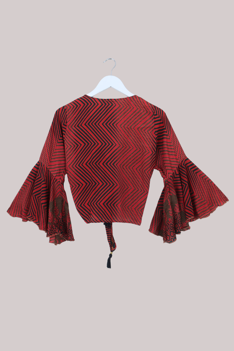 Sylvia Recycled Sari Wrap Top in Bright Ruby Zigzag - Size XS