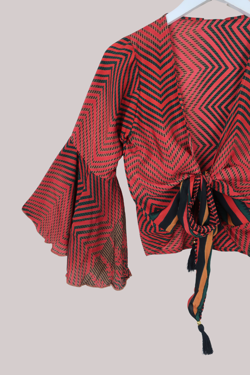 Sylvia Recycled Sari Wrap Top in Bright Ruby Zigzag - Size XS