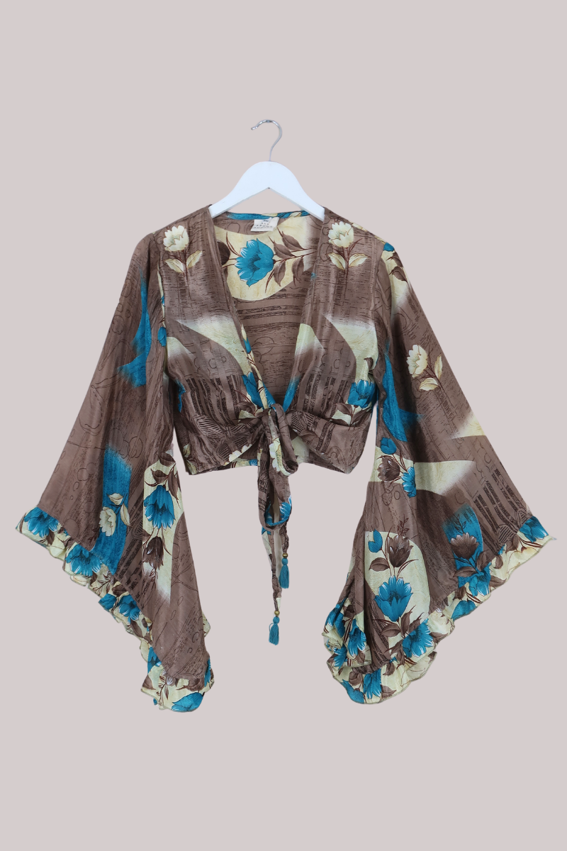 Venus Recycled Sari Wrap Top in Abstract Cedar & Teal Florals - Size S/M
