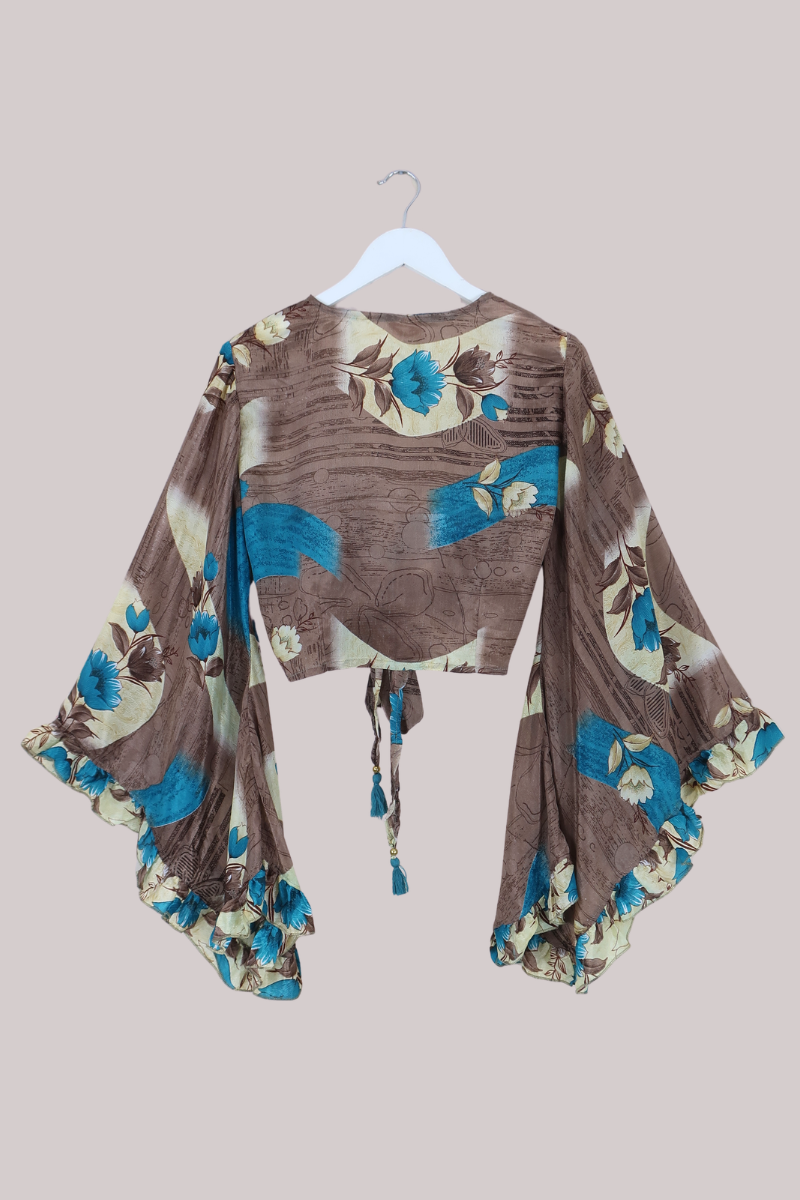 Venus Recycled Sari Wrap Top in Abstract Cedar & Teal Florals - Size M/L