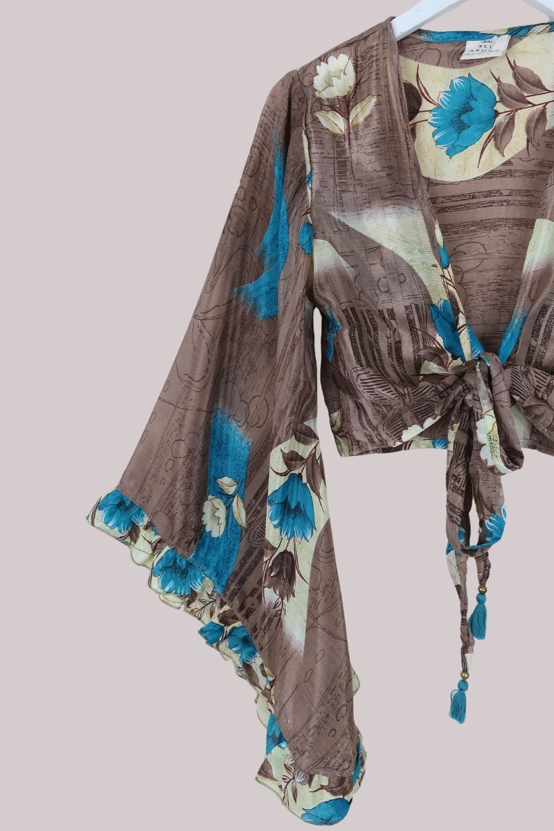Venus Recycled Sari Wrap Top in Abstract Cedar & Teal Florals - Size M/L