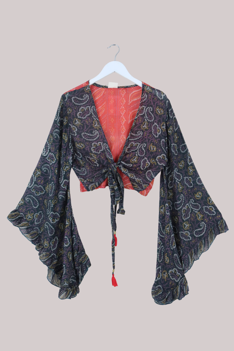Venus Recycled Sari Wrap Top in Abstract Polka Paisley - Size L/XL