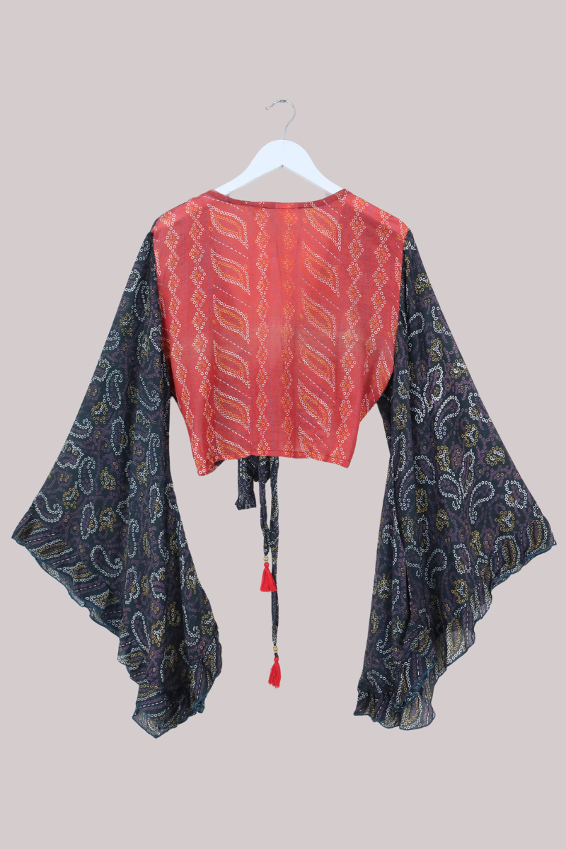 Venus Recycled Sari Wrap Top in Abstract Polka Paisley - Size L/XL