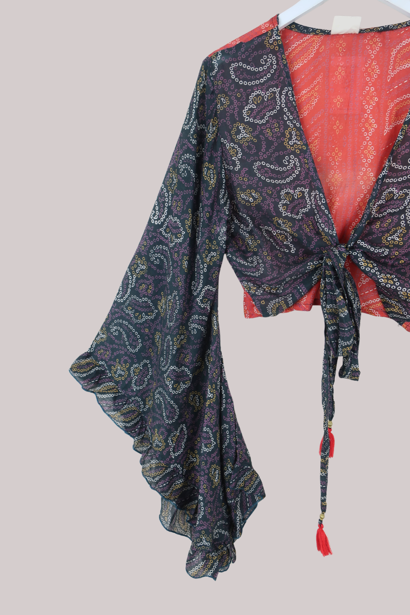 Venus Recycled Sari Wrap Top in Abstract Polka Paisley - Size L/XL