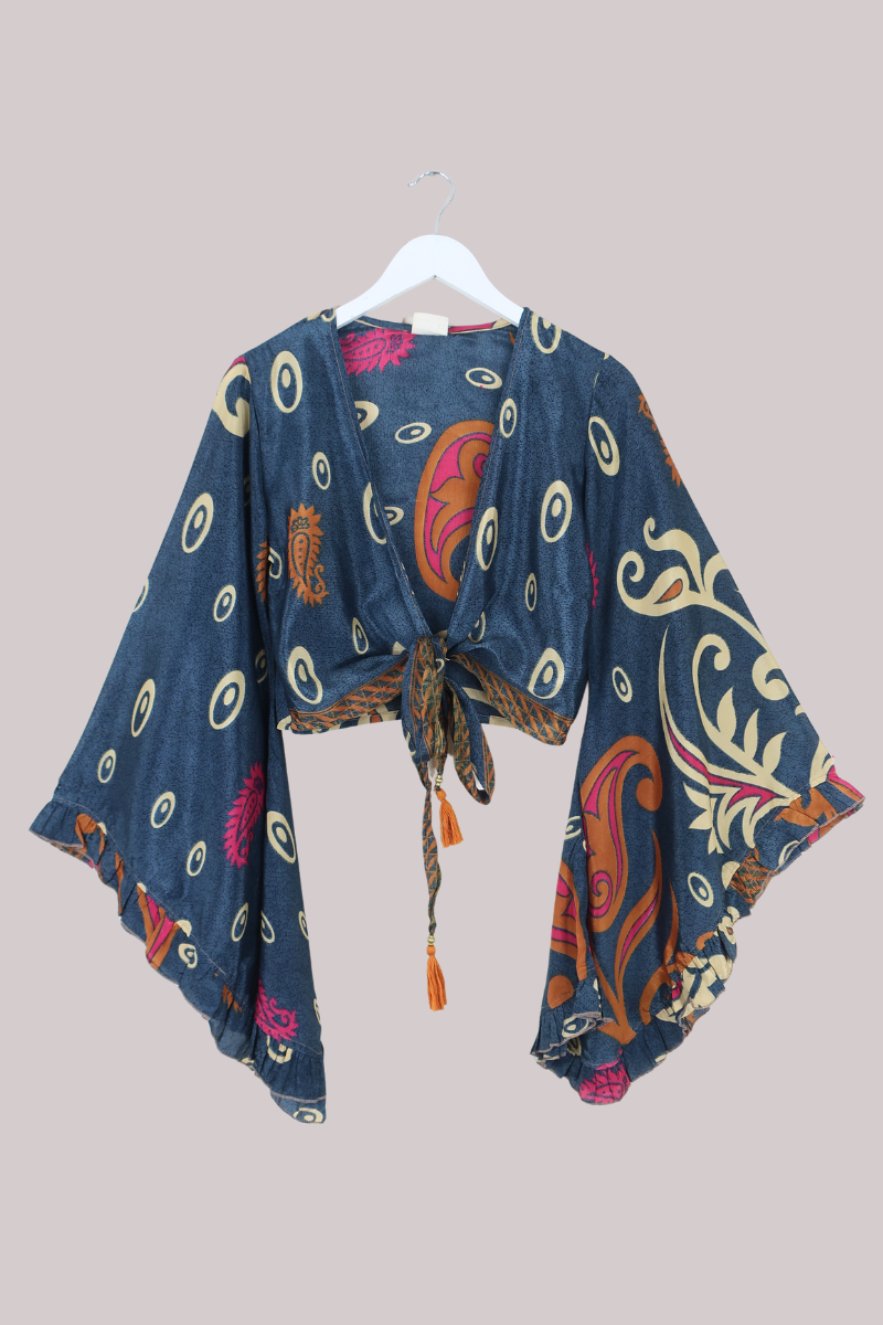 Venus Recycled Sari Wrap Top in Mercury Blue Paisley - Size S/M