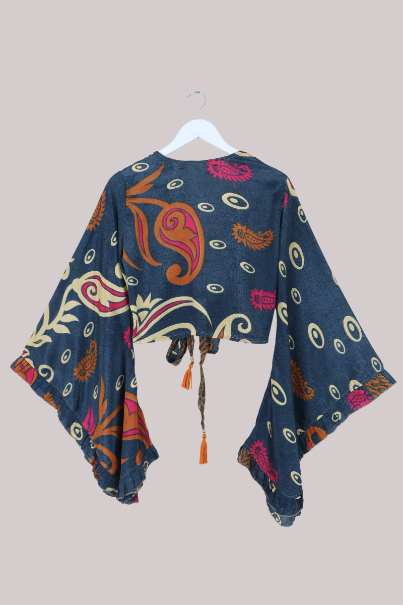 Venus Recycled Sari Wrap Top in Mercury Blue Paisley - Size S/M