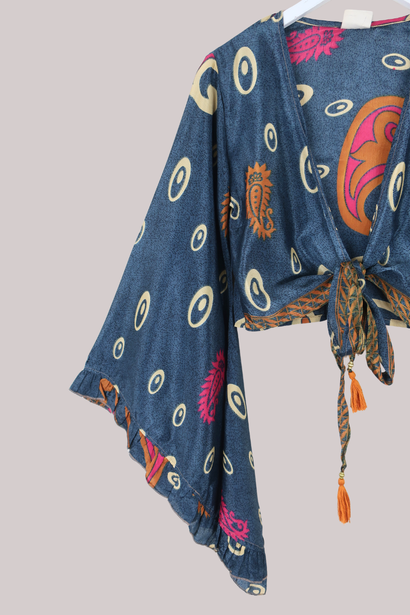 Venus Recycled Sari Wrap Top in Mercury Blue Paisley - Size S/M