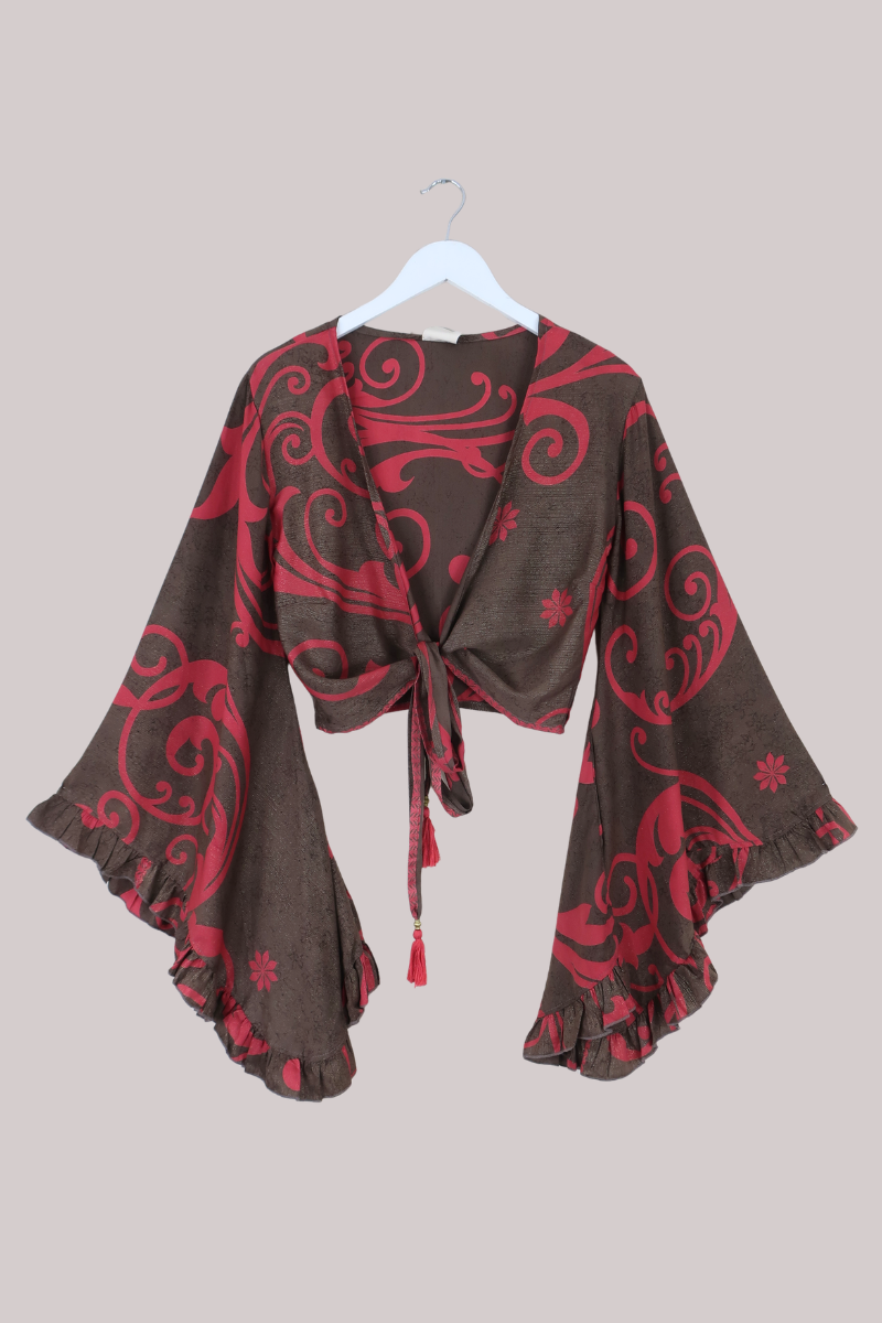 Venus Recycled Sari Wrap Top in Hazelnut Berry Swirls - Size S/M