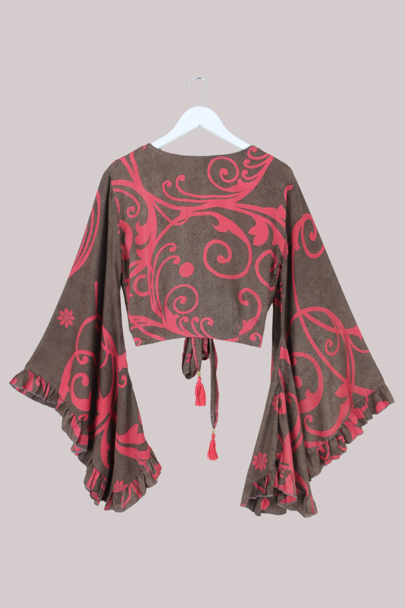 Venus Recycled Sari Wrap Top in Hazelnut Berry Swirls - Size S/M