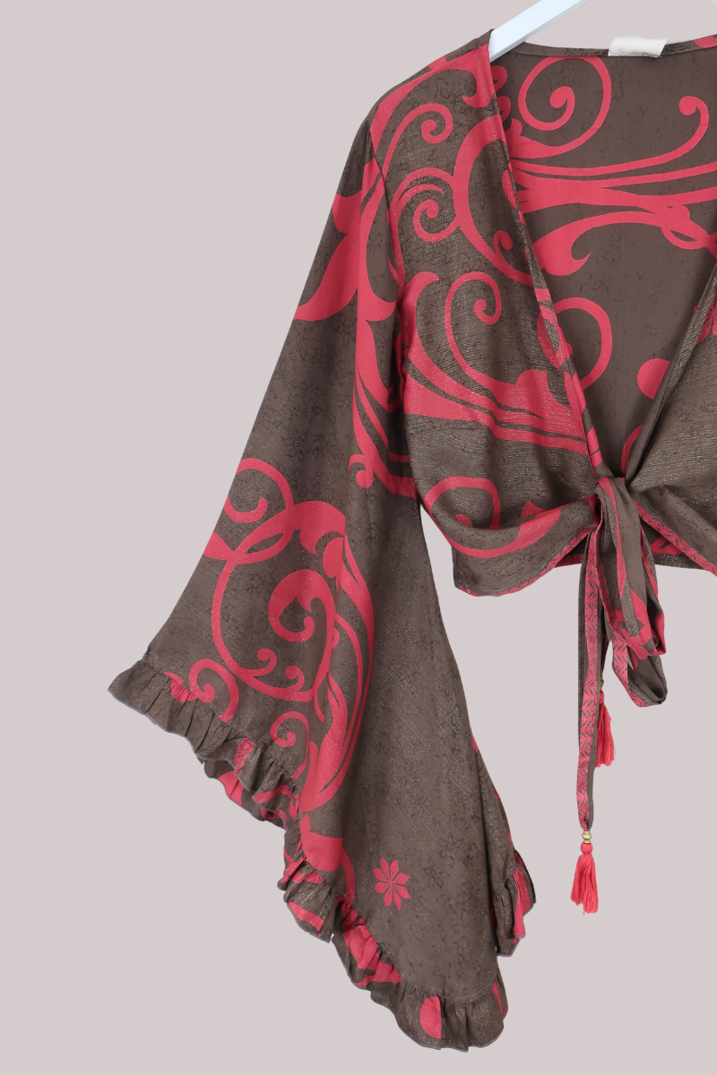 Venus Recycled Sari Wrap Top in Hazelnut Berry Swirls - Size S/M