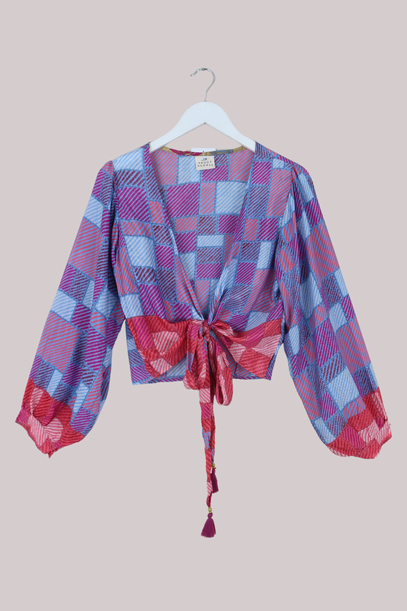 Lola Wrap Top in Patchwork Lilac & Peony Pink - Size S/M