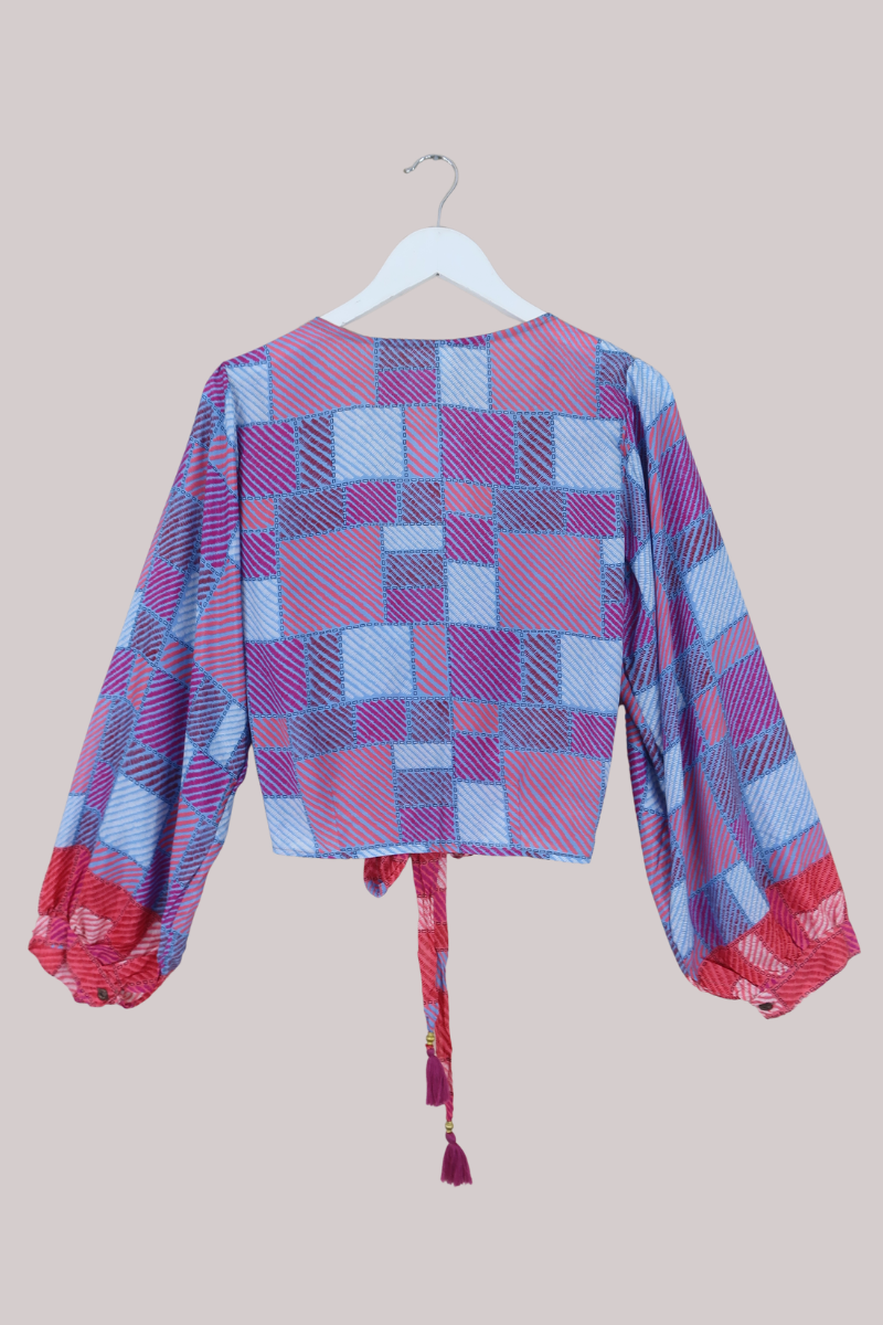 Lola Wrap Top in Patchwork Lilac & Peony Pink - Size S/M
