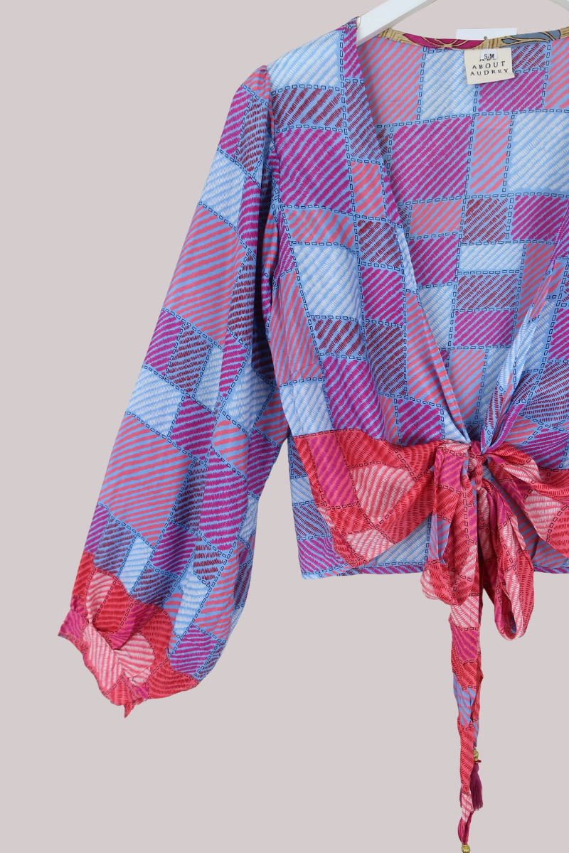 Lola Wrap Top in Patchwork Lilac & Peony Pink - Size S/M