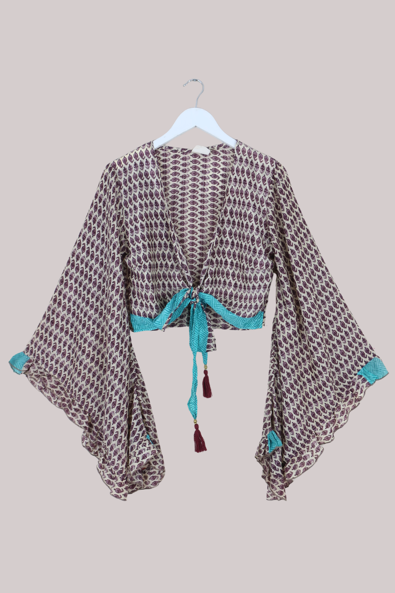 Venus Recycled Sari Wrap Top in Plum Wine Floral Motif - Size S/M