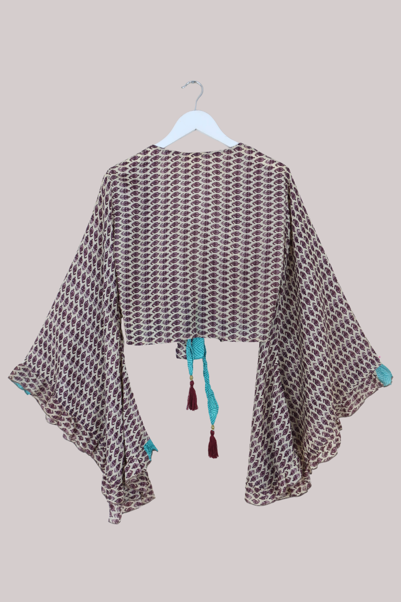 Venus Recycled Sari Wrap Top in Plum Wine Floral Motif - Size S/M