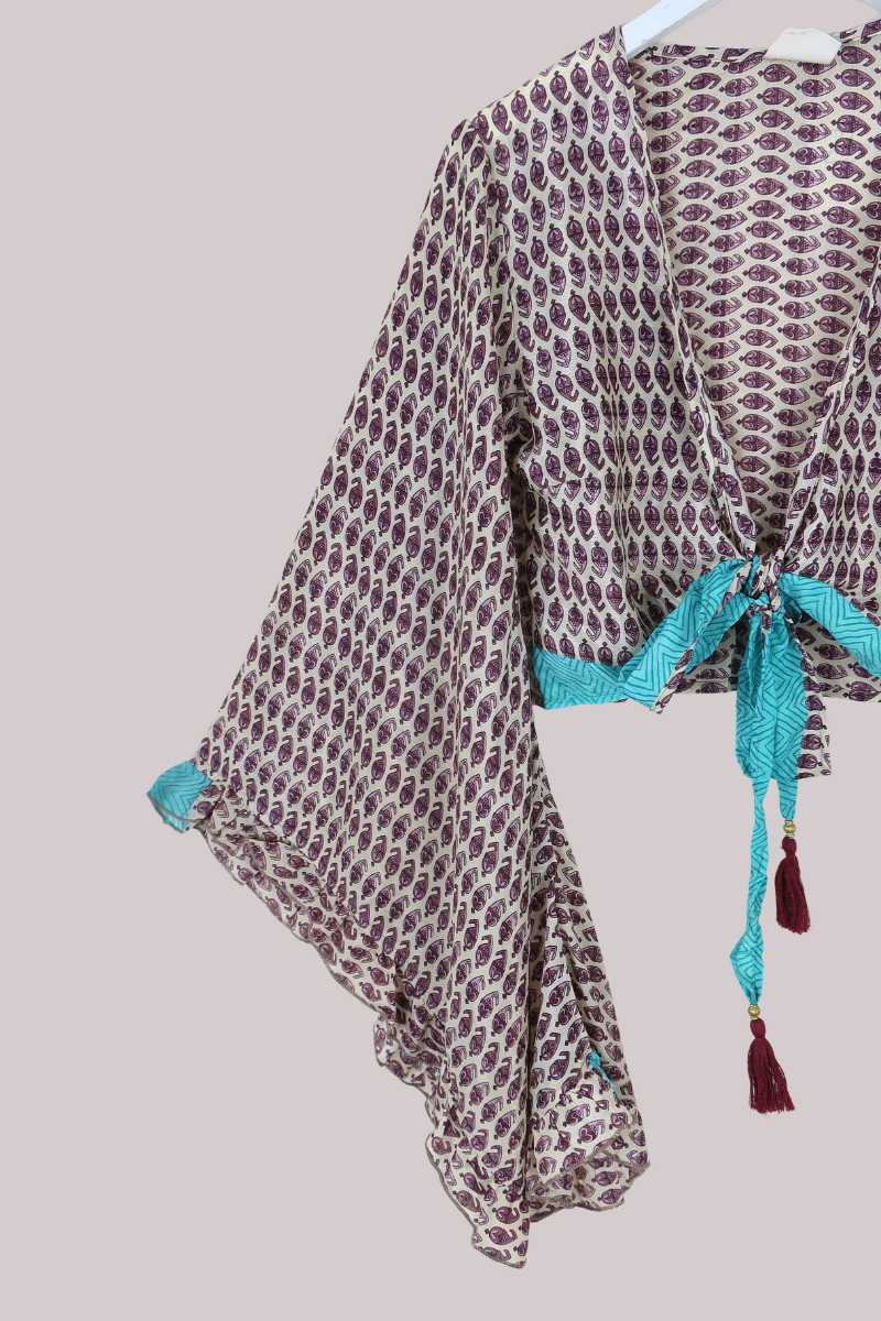 Venus Recycled Sari Wrap Top in Plum Wine Floral Motif - Size S/M