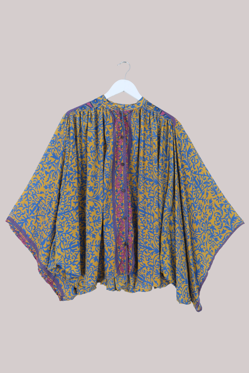 Ophelia Recycled Sari Blouse in Amber & Cobalt Blue - Free Size