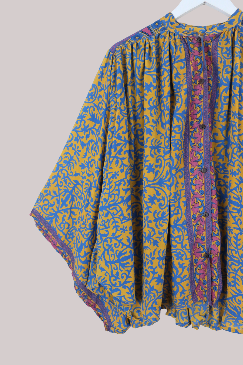 Ophelia Recycled Sari Blouse in Amber & Cobalt Blue - Free Size