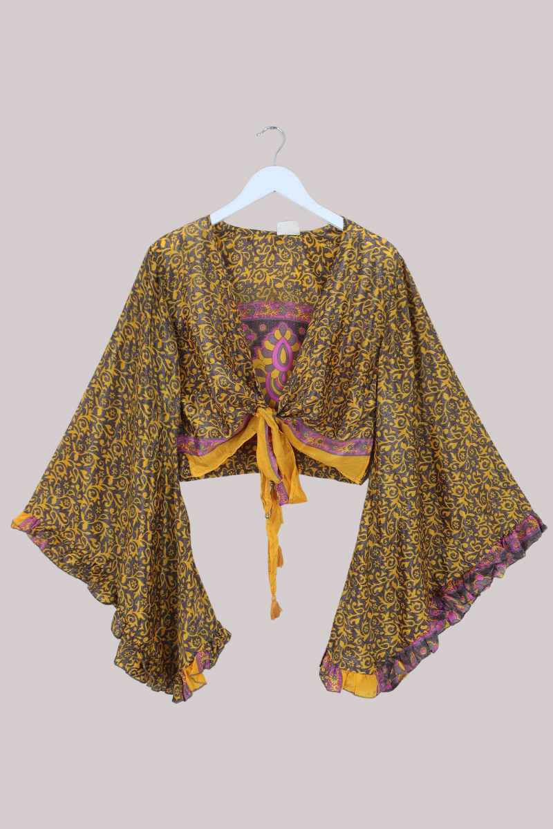 Venus Recycled Sari Wrap Top in Golden Honeydew Florals - Size L