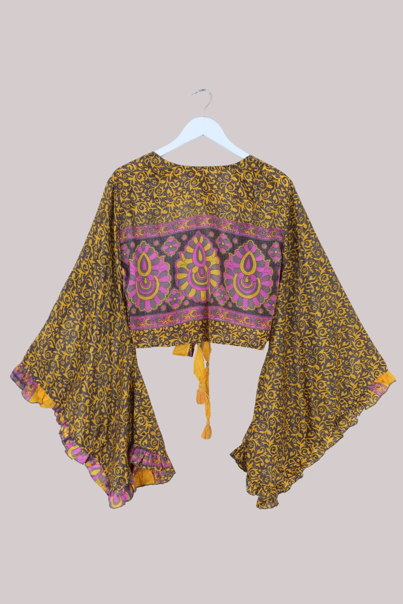 Venus Recycled Sari Wrap Top in Golden Honeydew Florals - Size M/L
