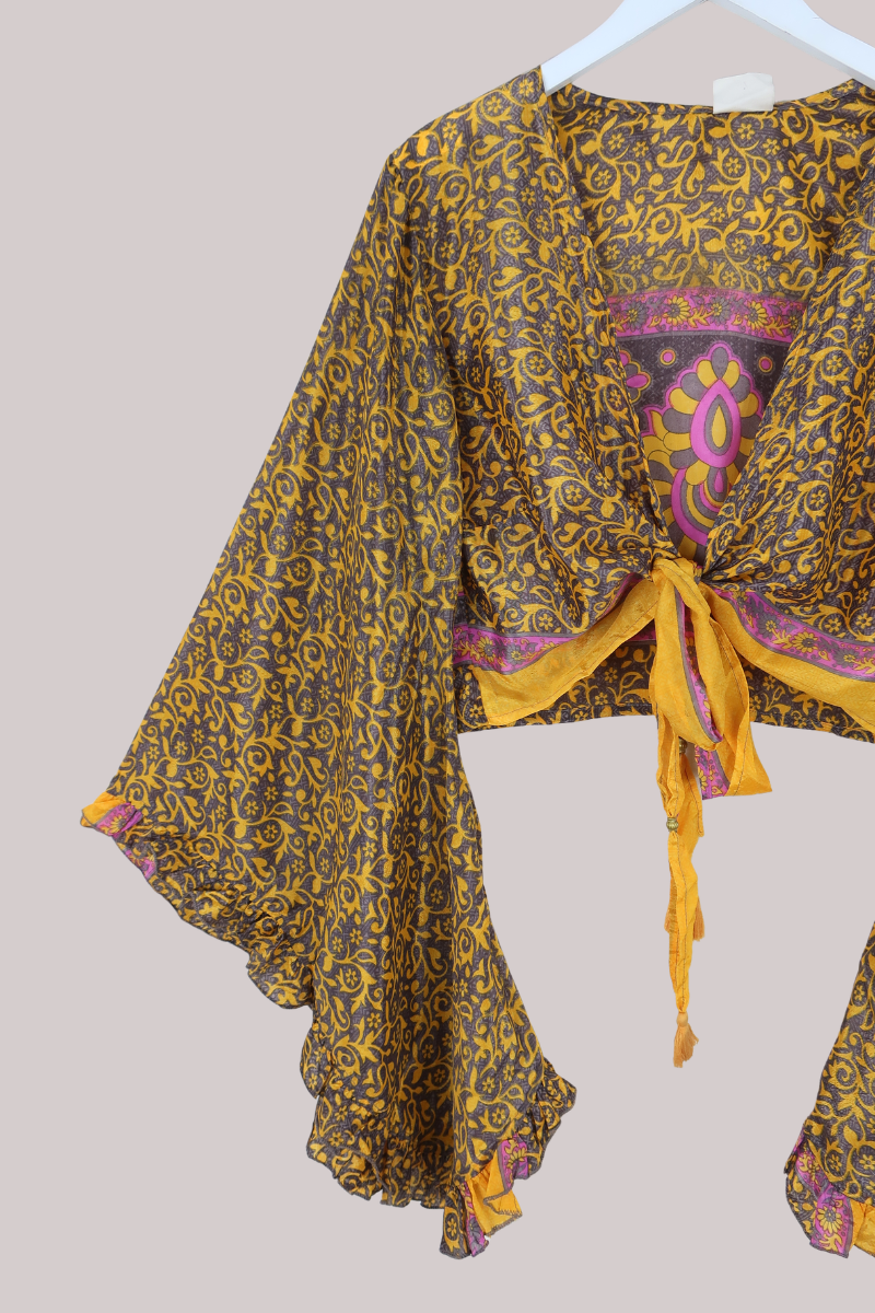Venus Recycled Sari Wrap Top in Golden Honeydew Florals - Size L